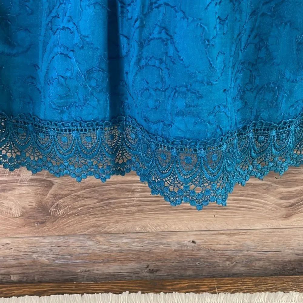 KRAZY KAT Womens Peasant Style Crocheted Lace Cotton Blouse Size Large Teal Blue - Picture 4 of 9